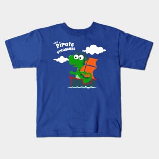 Vector illustration of dinosaur pirate on a ship at the sea Kids T-Shirt